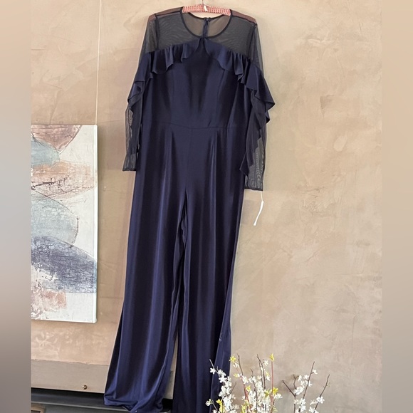COPY - R&M Richards women’s ruffled illusions sleeve formal Navy jumpsuit. - Picture 5 of 8